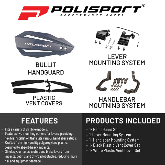 Polisport Bullit Handguard for Motocross - for Suzuki RM 250/Z 250(04-2025); Yamaha YZ/F(04-07); Kawasaki KX 125/250(07-22)/250F/450F(08-18) - 2 Lever Mounting Systems for SM, Motard & Dirt Bikes- Gry