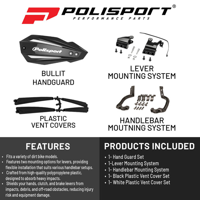 Polisport Bullit Handguard for Motocross Motorcycles-for Yamaha YZ/YZF/WR (2008-25) - 2 Lever Mounting Systems, Durable, Easy to Install,  Supermoto, Motard, Dirt Bikes & Off-Road Protection- Black