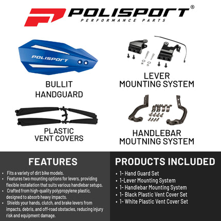 Polisport Bullit Handguard for Motocross Motorcycles-for Yamaha YZ/YZF/WR (2008-25) - 2 Lever Mounting Systems, Durable, Easy to Install,  Supermoto, Motard, Dirt Bikes & Off-Road Protection- Blue
