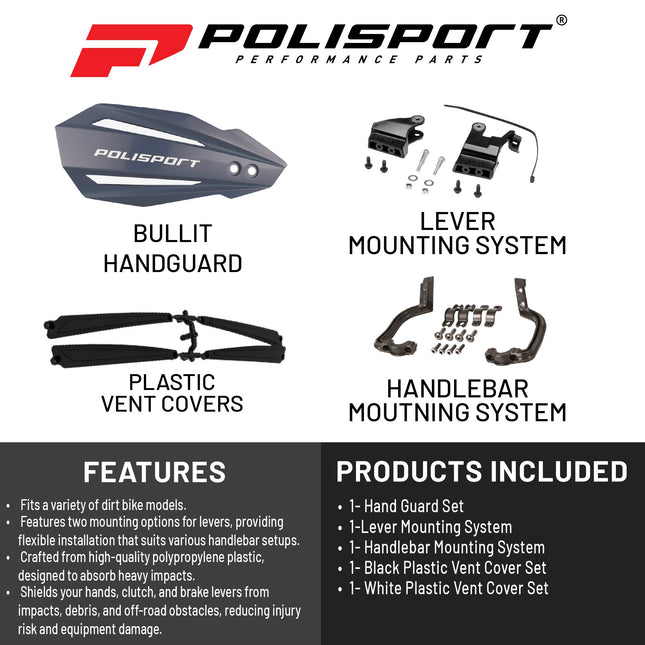 Polisport Bullit Handguard for Motocross Motorcycles-for Yamaha YZ/YZF/WR (2008-25) - 2 Lever Mounting Systems, Easy to Install,  Supermoto, Motard, Dirt Bikes & Off-Road Protection- Nardo Grey