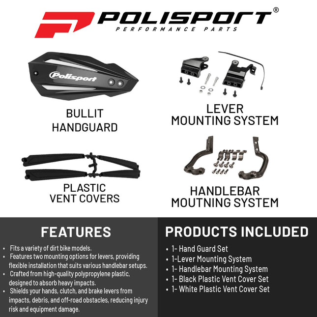 Polisport Bullit Handguard for Motocross Motorcycles-for Honda CRF250R/RX/450R/RX (2021-22) - 2 Lever Mounting Systems, Easy to Install, Supermoto, Motard, Dirt Bikes & Off-Road Protection- Black