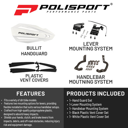 Polisport Bullit Handguard for Motocross Motorcycles-for Honda CRF250R/RX/450R/RX (2021-22) - 2 Lever Mounting Systems, Easy to Install, Supermoto, Motard, Dirt Bikes & Off-Road Protection- White