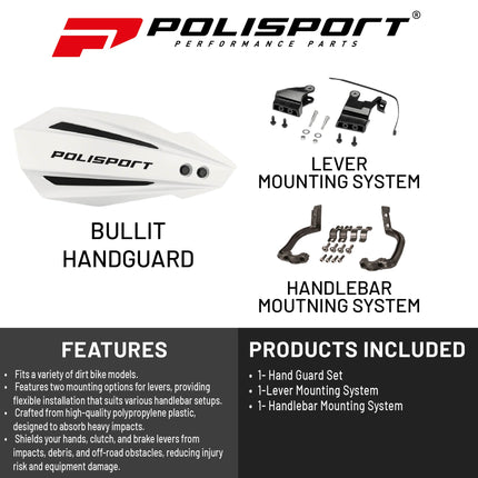 Polisport Bullit Handguard for Motocross Motorcycles-for Honda CRF250R/RX/450R/RX (2021-22) - 2 Lever Mounting Systems, Easy to Install, Supermoto, Motard, Dirt Bikes & Off-Road Protection- White