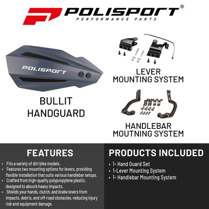Polisport Bullit Handguard for Motocross Motorcycles-for Honda CRF250R/RX/450R/RX (2021-22) - 2 Lever Mounting Systems, Easy to Install, Supermoto, Motard, Dirt Bikes & Off-Road Protection- Nardo Grey