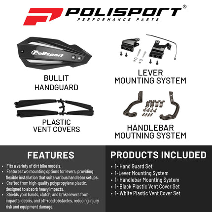 Polisport Bullit Handguard for Motocross Motorcycles-for Kawasaki KX250 (2020-22) - 2 Lever Mounting Systems, Durable, Easy to Install, Supermoto, Motard, Dirt Bikes & Off-Road Protection- Black