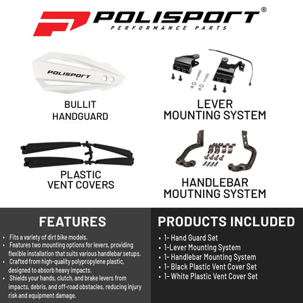 Polisport Bullit Handguard for Motocross Motorcycles-for Kawasaki KX250 (2020-22) - 2 Lever Mounting Systems, Durable, Easy to Install, Supermoto, Motard, Dirt Bikes & Off-Road Protection- White