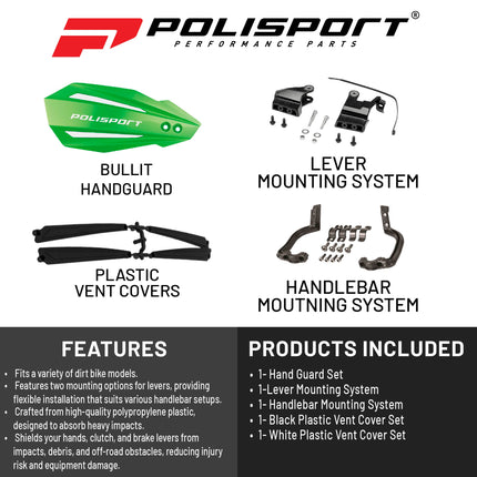 Polisport Bullit Handguard for Motocross Motorcycles-for Kawasaki KX250 (2020-22) - 2 Lever Mounting Systems, Durable, Easy to Install, Supermoto, Motard, Dirt Bikes & Off-Road Protection- Green
