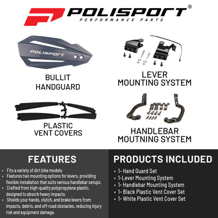 Polisport Bullit Handguard for Motocross Motorcycles-for Kawasaki KX250 (2020-22) - 2 Lever Mounting Systems, Durable, Easy to Install, Supermoto, Motard, Dirt Bikes & Off-Road Protection- Nardo Grey