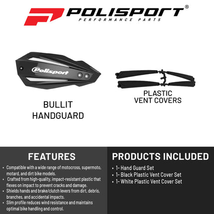 Polisport Bullit Handguard for Motocross Motorcycles-Universal Handguard Shield - Durable, Flexible, Easy to Install, Supermoto, Motard, Dirt Bikes & Off-Road Protection- Black