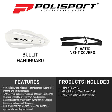 Polisport Bullit Handguard for Motocross Motorcycles-Universal Handguard Shield - Durable, Flexible, Easy to Install, Supermoto, Motard, Dirt Bikes & Off-Road Protection- White