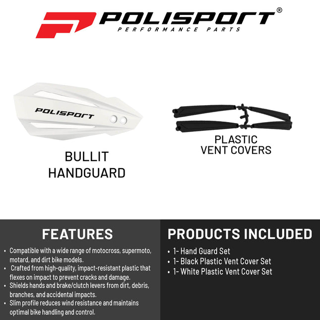Polisport Bullit Handguard for Motocross Motorcycles-Universal Handguard Shield - Durable, Flexible, Easy to Install, Supermoto, Motard, Dirt Bikes & Off-Road Protection- White