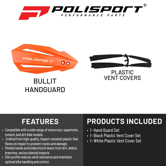 Polisport Bullit Handguard for Motocross Motorcycles-Universal Handguard Shield - Durable, Flexible, Easy to Install, Supermoto, Motard, Dirt Bikes & Off-Road Protection- Orange