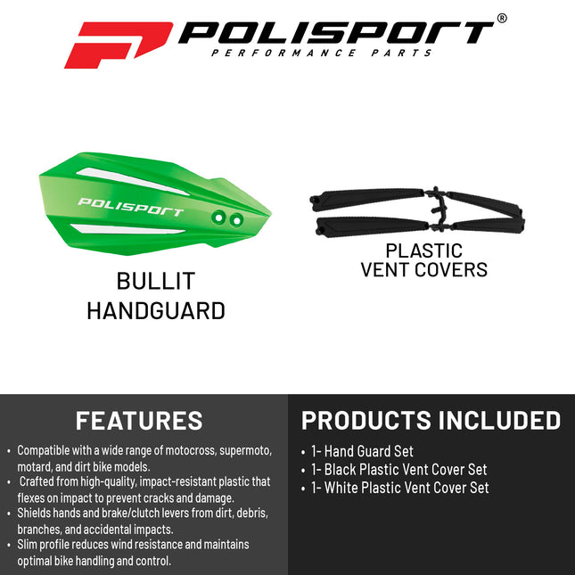 Polisport Bullit Handguard for Motocross Motorcycles-Universal Handguard Shield - Durable, Flexible, Easy to Install, Supermoto, Motard, Dirt Bikes & Off-Road Protection- Green