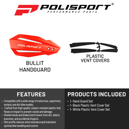 Polisport Bullit Handguard for Motocross Motorcycles-Universal Handguard Shield - Durable, Flexible, Easy to Install, Supermoto, Motard, Dirt Bikes & Off-Road Protection- Red