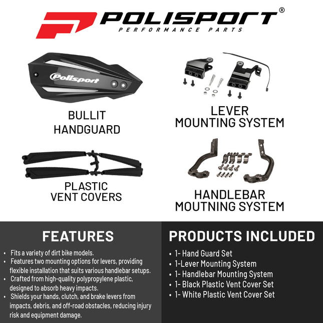 Polisport Bullit Handguard for Motocross Motorcycles-for Rieju MR250/MR300 (2021-26) - 2 Lever Mounting Systems, Durable, Easy to Install, Supermoto, Motard, Dirt Bikes & Off-Road Protection- Black