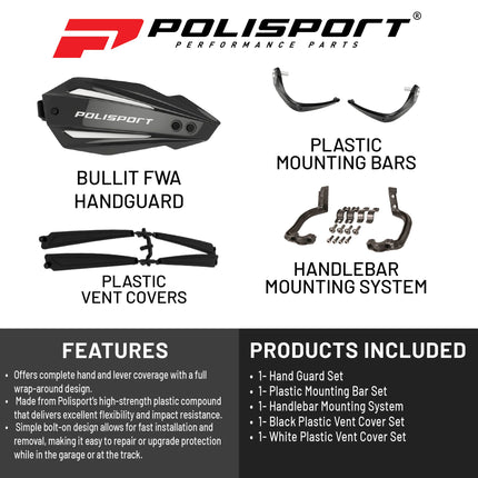 Polisport Bullit Full Wrap-Around Handguard for Motocross Motorcycles-Universal Repair Handguard - Durable, Flexible, Easy to Install, Supermoto, Motard, Dirt Bikes & Off-Road Protection- Black