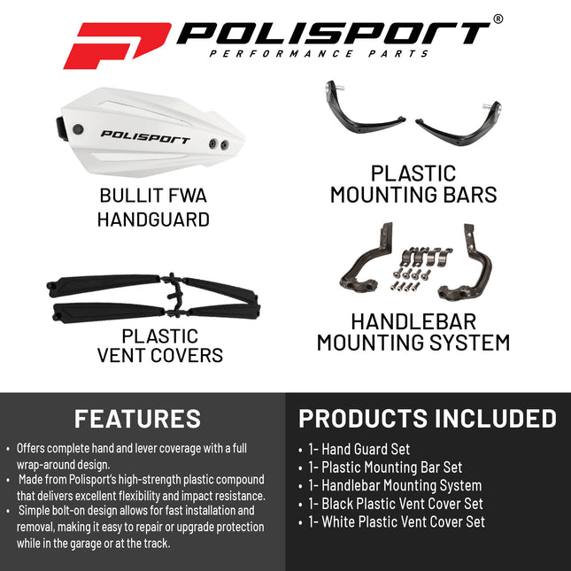 Polisport Bullit Full Wrap-Around Handguard for Motocross Motorcycles-Universal Repair Handguard - Durable, Flexible, Easy to Install, Supermoto, Motard, Dirt Bikes & Off-Road Protection- White