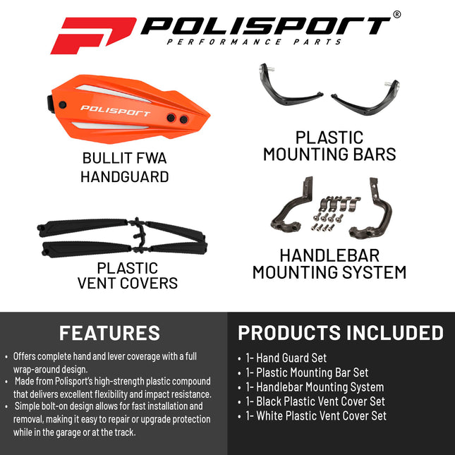 Polisport Bullit Full Wrap-Around Handguard for Motocross Motorcycles-Universal Repair Handguard - Durable, Flexible, Easy to Install, Supermoto, Motard, Dirt Bikes & Off-Road Protection- Orange