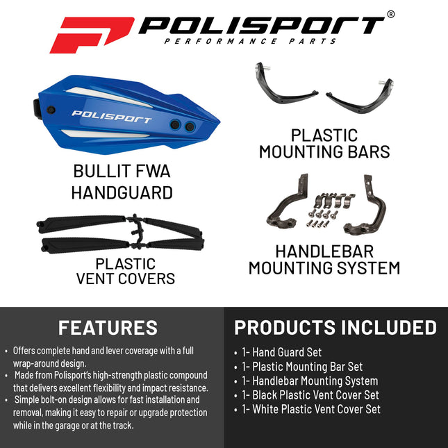 Polisport Bullit Full Wrap-Around Handguard for Motocross Motorcycles-Universal Repair Handguard - Durable, Flexible, Easy to Install, Supermoto, Motard, Dirt Bikes & Off-Road Protection- Blue