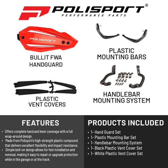 Polisport Bullit Full Wrap-Around Handguard for Motocross Motorcycles-Universal Repair Handguard - Durable, Flexible, Easy to Install, Supermoto, Motard, Dirt Bikes & Off-Road Protection- Red