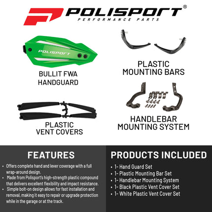 Polisport Bullit Full Wrap-Around Handguard for Motocross Motorcycles-Universal Repair Handguard - Durable, Flexible, Easy to Install, Supermoto, Motard, Dirt Bikes & Off-Road Protection- Green