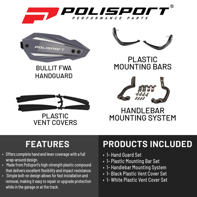 Polisport Bullit Full Wrap-Around Handguard for Motocross Motorcycles-Universal Repair Handguard - Durable, Flexible, Easy to Install, Supermoto, Motard, Dirt Bikes & Off-Road Protection- Nardo Grey