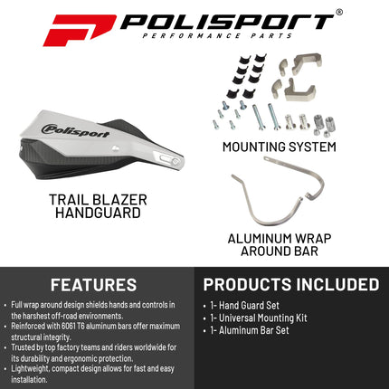 Polisport Trail Blazer Handguard for Motocross - Universal Repair Handguard - Full Wrap-Around for Extreme Riding Condition, Made from 6061 T6 Aluminum for SM, Motard & Dirt Bikes- Wh/Blk