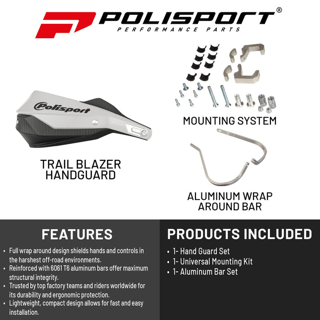 Polisport Trail Blazer Handguard for Motocross - Universal Repair Handguard - Full Wrap-Around for Extreme Riding Condition, Made from 6061 T6 Aluminum for SM, Motard & Dirt Bikes- Wh/Blk