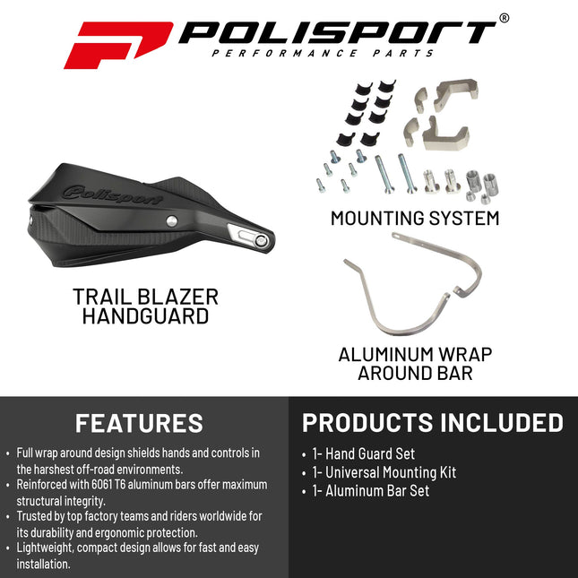 Polisport Trail Blazer Handguard for Motocross - Universal Repair Handguard - Full Wrap-Around for Extreme Riding Condition, Made from 6061 T6 Aluminum for SM, Motard & Dirt Bikes- Black