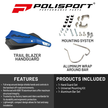 Polisport Trail Blazer Handguard for Motocross - Universal Repair Handguard - Full Wrap-Around for Extreme Riding Condition, Made from 6061 T6 Aluminum for SM, Motard & Dirt Bikes- Blue/Black
