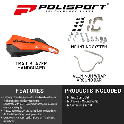 Polisport Trail Blazer Handguard for Motocross - Universal Repair Handguard - Full Wrap-Around for Extreme Riding Condition, Made from 6061 T6 Aluminum for SM, Motard & Dirt Bikes- Orange/Black