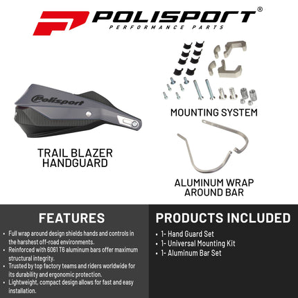 Polisport Trail Blazer Handguard for Motocross - for CFMOTO 450MT (2024-25) - Full Wrap-Around for Extreme Riding Condition, Made from 6061 T6 Aluminum for SM, Motard & Dirt Bikes- Grey/Black