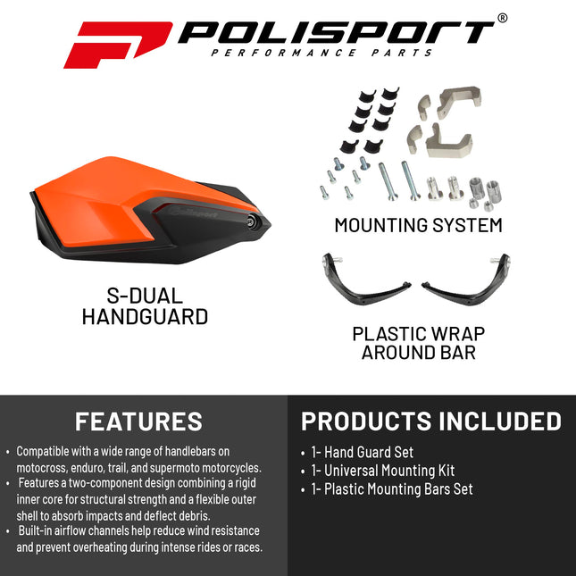 Polisport S-Dual Handguard for Motocross Motorcycles-Universal Repair Handguard - Durable, Flexible, Easy to Install, Supermoto, Motard, Dirt Bikes & Off-Road Protection- Orange