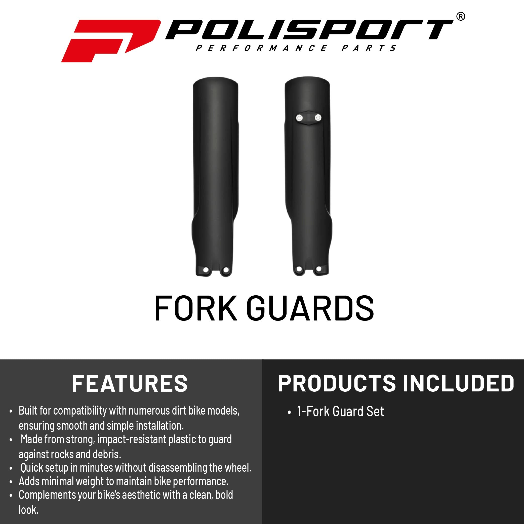 Polisport  Black Fork Guards for KTM SX/XC and Husqvarna TC/TE/FC/FE (2023–2025) – OEM Fit – Durable Gloss Polypropylene – Roost & Debris Protection – Easy Bolt-On Installation 8352500002