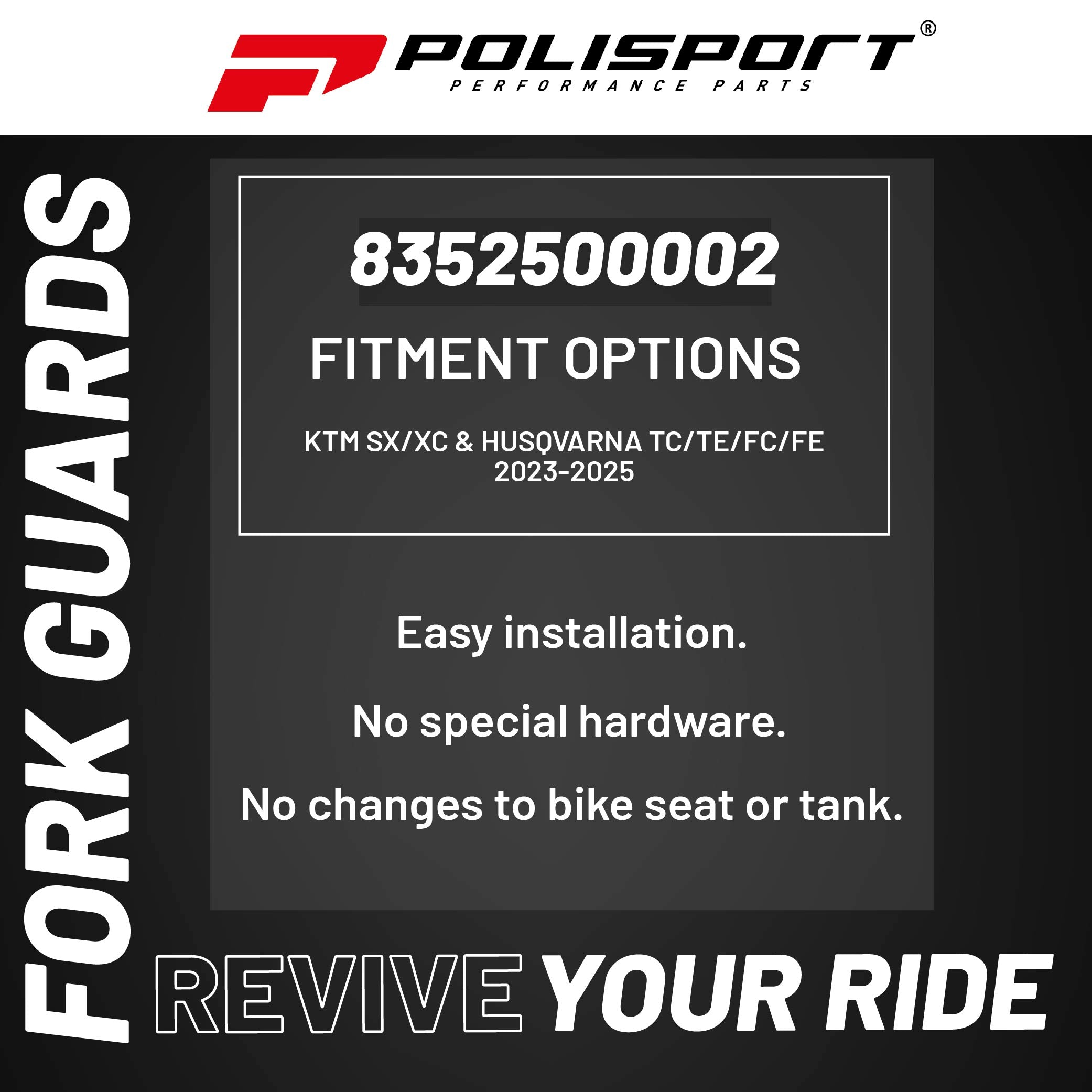 Polisport  Black Fork Guards for KTM SX/XC and Husqvarna TC/TE/FC/FE (2023–2025) – OEM Fit – Durable Gloss Polypropylene – Roost & Debris Protection – Easy Bolt-On Installation 8352500002