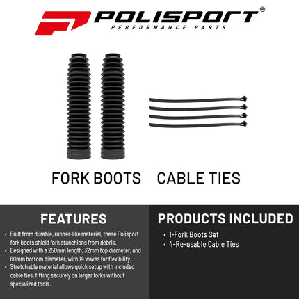 Polisport Fork Boots (250x32x60mm) - Stretch to Adapt to Motorbike Forks for Superior Fit & Durable Protection - Black