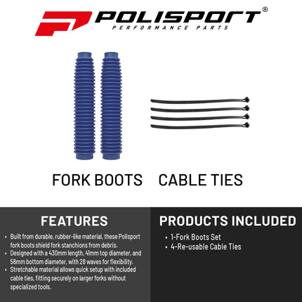 Polisport Universal Fork Boots Enduro, 430mm Length x 41mm Top x 58mm Bottom, Durable Rubber-Like Material, Pair for Motocross and Off-Road Motorcycles, Blue