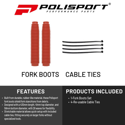 Polisport Universal Fork Boots Enduro, 430mm Length x 41mm Top x 58mm Bottom, Durable Rubber-Like Material, Pair for Motocross and Off-Road Motorcycles, Red