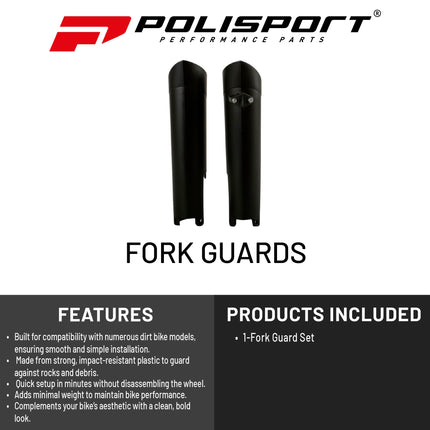 Polisport Fork Guards for Various KTM, Husqvarna, and GasGas. Polisport uses exclusive technologies to make its parts the most durable in the market, with the same standards as the original plastics