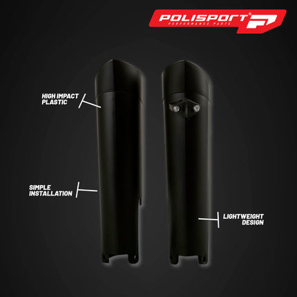 Polisport Fork Guards for Various KTM, Husqvarna, and GasGas. Polisport uses exclusive technologies to make its parts the most durable in the market, with the same standards as the original plastics