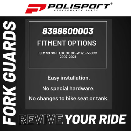 Polisport Fork Guards Black 8398600003 - Fits KTM SX SX-F EXC XC XC-W 125-530cc (2007-2021) - OEM Quality Injection-Molded Plastic - Durable, Lightweight, Easy Install