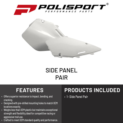 Polisport Motocross (MX) Replica Plastics Side Panels for Suzuki RM 125/250 (1996-00) Dirt Bike - OEM Quality, Durable, Flexible & Perfect Fit - White