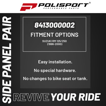 Polisport Motocross (MX) Replica Plastics Side Panels for Suzuki RM 125/250 (1996-00) Dirt Bike - OEM Quality, Durable, Flexible & Perfect Fit - White