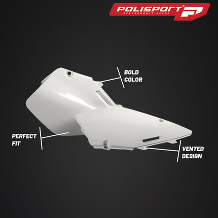 Polisport Motocross (MX) Replica Plastics Side Panels for Suzuki RM 125/250 (1996-00) Dirt Bike - OEM Quality, Durable, Flexible & Perfect Fit - White