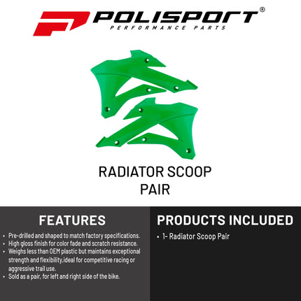 Polisport Radiator Scoops - Green Panels for Kawasaki KX100 (2014-2022) Kawasaki KX85 (2014-2022) - OEM Fit, Glossy Finish, Lightweight & Impact-Resistant, Easy Installation