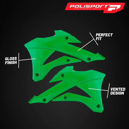 Polisport Radiator Scoops - Green Panels for Kawasaki KX100 (2014-2022) Kawasaki KX85 (2014-2022) - OEM Fit, Glossy Finish, Lightweight & Impact-Resistant, Easy Installation