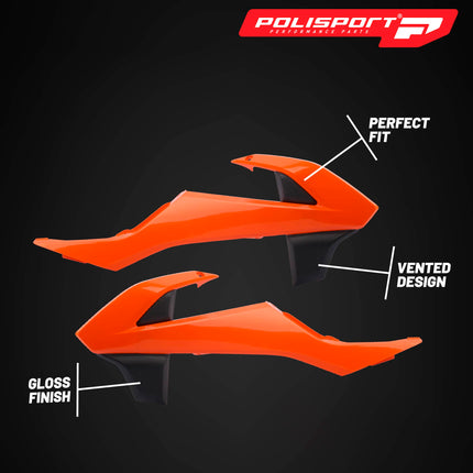 Polisport Radiator Scoops - Orange/Black Panels for KTM EXC/EXC-F/XC-W/XCR-W (2017-19) KTM SX/XC 250/300 (2017-18) KTM SX/SX-F/XC-F (2016-18) - OEM Fit, Glossy Finish, Lightweight & Impact-Resistant