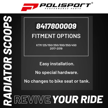 Polisport Radiator Scoops  - Nardo Gray/Black Panels for KTM 125/150/250/300/350/450 (2017-2019) - OEM Fit, Glossy Finish, Lightweight & Impact-Resistant, Easy Installation
