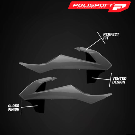 Polisport Radiator Scoops  - Nardo Gray/Black Panels for KTM 125/150/250/300/350/450 (2017-2019) - OEM Fit, Glossy Finish, Lightweight & Impact-Resistant, Easy Installation
