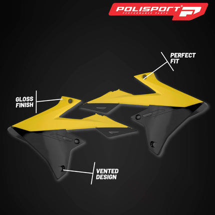 Polisport Radiator Scoops - Yellow/Black Panels for Suzuki RMZ 450 (2018-2025) Suzuki RMZ 250 (2019-2025)- OEM Fit, Glossy Finish, Lightweight & Impact-Resistant, Easy Installation